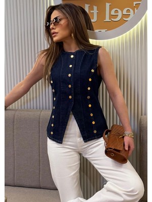 Luxia Gold Düğmeli Denim Yelek