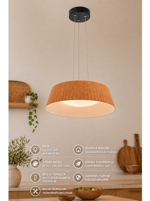 Elvora Home Modern (Premium) Kahve Kumaş 3 Renkli Ledli Sarkıt Avizesi Salon Mutfak Oturma Odası Modelleri 72W