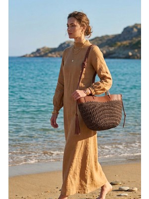 Marina Swimwear Deri Detaylı Hasır Çanta - Kahve CNT2604-3