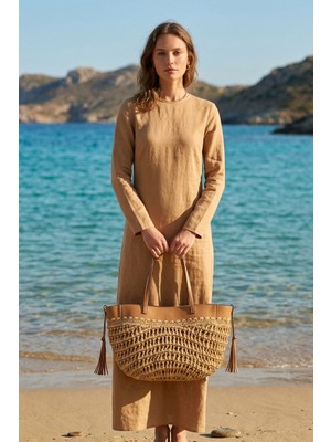 Marina Swimwear Deri Detaylı Hasır Çanta - Krem CNT2604-2