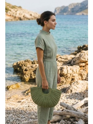 Marina Swimwear El Örgüsü Hasır Çanta - Yeşil CNT2603-5