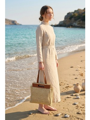 Marina Swimwear Deri Üst Detaylı Bej Hasır Çanta CNT2605-4