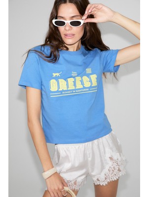 Ethiquet Algher Kadın Baskı Desenli Kısa Kollu Organik Pamuklu Bisiklet Yaka Crop Mavi T-Shirt