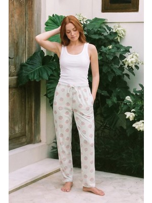 FullaModa Çiçekli Çizgili Beli Lastikli Pijama Altı