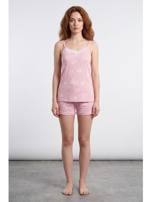 FullaModa Çiçek ve Puantiye Desenli Askılı Şortlu Pijama Takımı