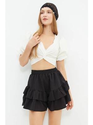 FullaModa Beli Lastikli Katlı Şort Etek