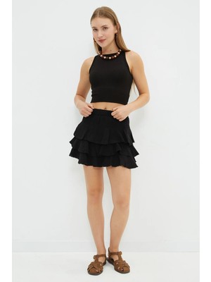 FullaModa Beli Lastikli Müslin Kumaş Mini Boy Şort Etek