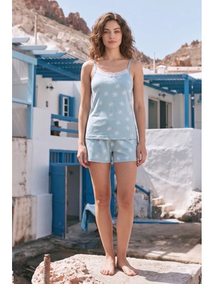 FullaModa Çiçek Desenli Askılı Şortlu Pijama Takımı