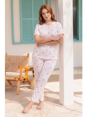 FullaModa Kalp Desenli Büyük Beden Pijama Takımı
