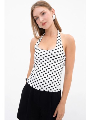 FullaModa Boyundan Geçirmeli Puantiyeli Slim Fit Bluz