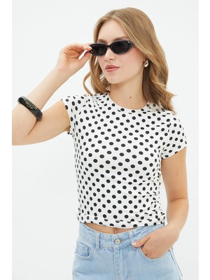 FullaModa Puantiyeli Bisiklet Yaka Slim Fit Tişört