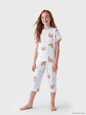Lc Waikiki Yeni Sezon Ayı Baskılı Kız Çocuk Kaprili Pijama Takımı
