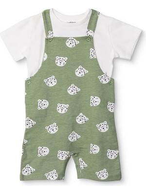 Hellobaby Erkek Bebek Şort Salopet-Tshirt Hayvan Baskılı Düğmeli Bisiklet Yaka Kısa Kol Patiksiz