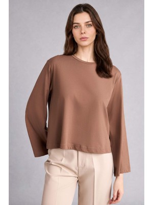 DeFacto %100 Pamuk Relax Fit Penye Uzun Kollu Kahverengi Tunik H7196AX26SM