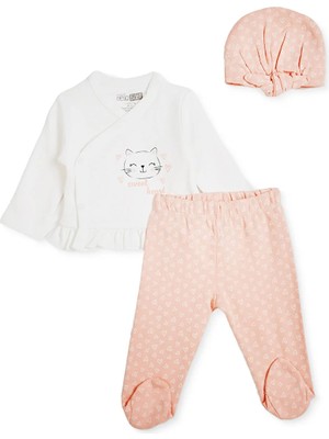 Hellobaby Kız Bebek Zıbın-Şapka-Alt Hayvan Baskılı Çıtçıtlı V Yaka Long Sleeve Patikli