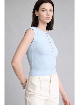DeFacto Slim Fit Bisiklet Yaka Fitilli Kolsuz Mavi Tişört H8061AX26SM