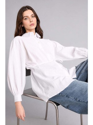 DeFacto Relax Fit Kırışık Dokulu Kumaş Uzun Kollu Beyaz Tunik H7714AX26HS