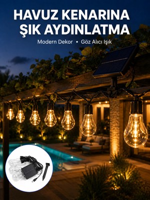 Belle Fusion Mey Ithalat® Güneş Enerjili Dış Mekan LED Ampul Işık Zinciri Bahçe ve Teras Dekorasyonu