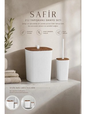 Okyanus Home Safir Yapışkanlı Ahşap Detaylı Wc Fırçalık ve Çöp Kovası Seti Beyaz 2'li Banyo Seti