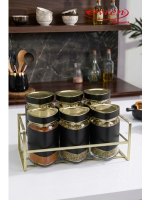 EVREN MUTFAK Siyah 6 Parça Üçgen Vakum Kapaklı Cam Baharatlık Seti ve Metal Stant, Baharat Takımı 6’li Set