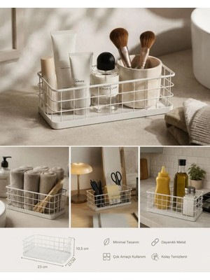 Okyanus Home Dikdörtgen Beyaz Metal Organizer Sepet Mini 13,5X23 cm