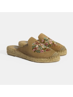 Limited Edition Bej Kadın Çiçek Nakışlı Süet Espadril Terlik