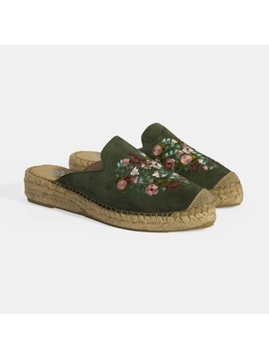 Limited Edition Yeşil Kadın Çiçek Nakışlı Süet Espadril Terlik