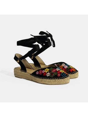 Limited Edition Siyah Kadın Çiçek Nakışlı Jüt Bağcıklı Slingback Espadril