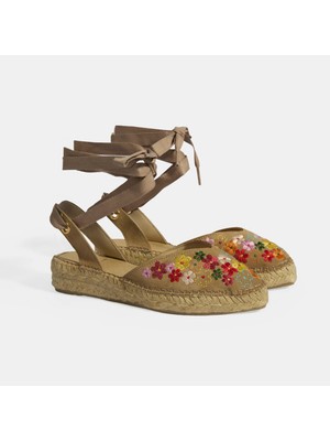 Limited Edition Bej Kadın Çiçek Nakışlı Jüt Bağcıklı Slingback Espadril