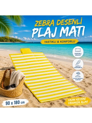 Plaj Matı Sarı Zebra Desen Yastıklı Taşınabilir Sistem 90*180 cm