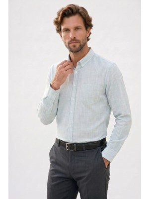 Tudors Erkek Slim Fit Dar Kesim Uzun Kollu %100 Pamuk Keten Efektli Düğmeli Yaka Rahat Yeşil Gömlek