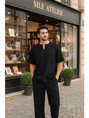 Sile Atelier Erkek Siyah Pamuklu Kısa Kol Gömlek Yazlık Günlük