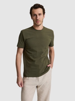Cacharel Erkek Haki Slim Fit Pamuk Karışımlı Bisiklet Yaka Basic T-Shirt 50324355-VR027