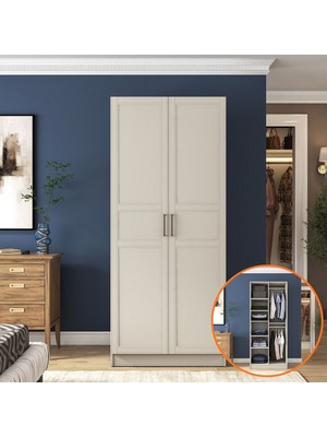 Rani BA258 Membran Kapaklı Gardırop 2 Kapaklı 6 Raflı 2 Askılı Elbise Dolabı Kumtaşı
