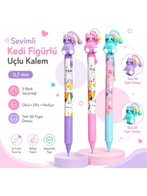 Mikro 3 Adet Kedi Figürlü Uçlu Kalem 0.7 mm Sevimli 3D Başlıklı Mekanik Kalem 3 Renk Seçenekli Okul Ofis Hediyelik Yazı Kalemi