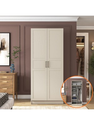 Rani BA257 Membran Kapaklı Gardırop 2 Kapaklı 5 Raflı Askılı Elbise Dolabı Kumtaşı