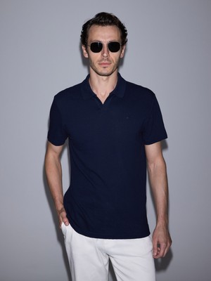 Cacharel Erkek Lacivert Slim Fit %100 Pamuk Apaş Yaka T-Shirt 50328349-VR033