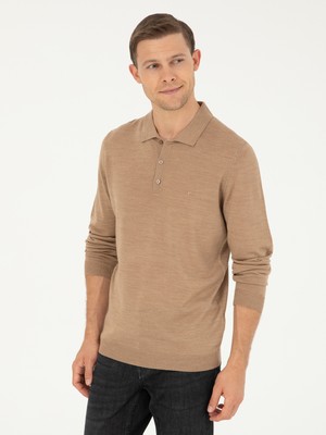 Cacharel Erkek Camel Slim Fit Yün Karışımlı Polo Yaka Basic Triko Kazak 50270169-VR015
