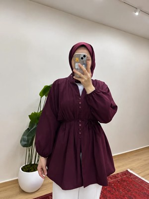 Moonsc Kadın Rahat Kalıp Nervürlü Bordo Standart Keten Beden Tesettür Gömlek