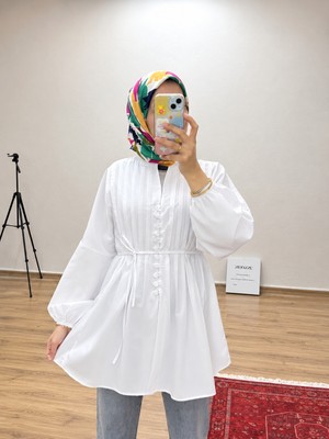 Moonsc Kadın Rahat Kalıp Nervürlü Beyaz Standart Keten Beden Tesettür Gömlek