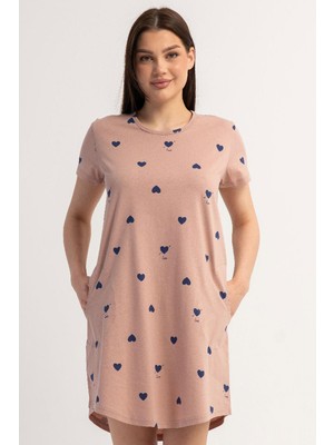 Vienetta Kadın Kısa Kollu Pudra Pembe Kalp Desenli Gecelik Tunik C1T2N0106