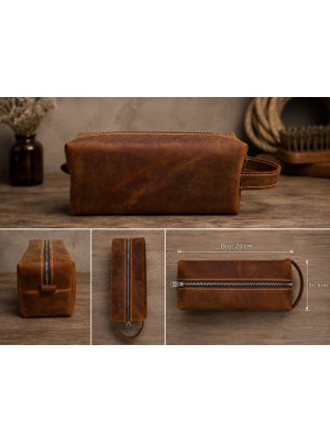 Hakiki Crazy Deri Erkek Bakım Çantası Dopp Kit Tıraş ve Seyahat Çantası Camel
