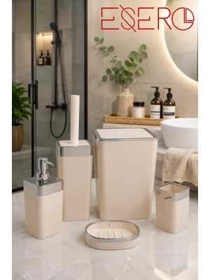 Esero 5'li Lüks Banyo Aksesuar Seti Krem Krom Detaylı Çöp Kovası Wc Fırçası Sıvı Sabunluk Diş Fırçalık Sabunluk Modern Banyo Seti