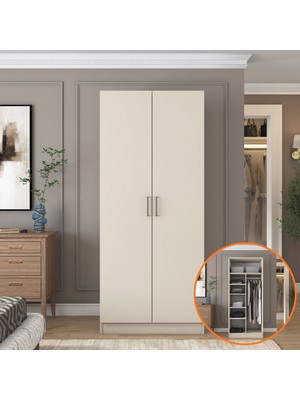 Rani BA240 Gardırop 2 Kapaklı 5 Raflı Askılı Elbise Dolabı Kumtaşı