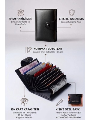 Vanilla Collection Isim Baskılı Hakiki Deri Çıtçıtlı Akordiyon Kartlık & Cüzdan & Portföy Siyah