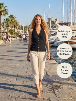 Urumday Kadın V Yaka Düğmeli Fitilli İnce Bambu Merserize Yelek