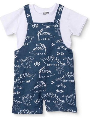 Hellobaby Erkek Bebek Şort Salopet-Tshirt Dinozor Baskılı Düğmeli Bisiklet Yaka Kısa Kol Patiksiz