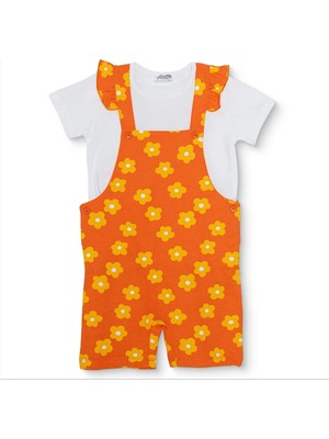 Hellobaby Kız Bebek Şort Salopet-Tshirt Çiçek Baskılı Düğmeli Bisiklet Yaka Short Sleeve Reçme