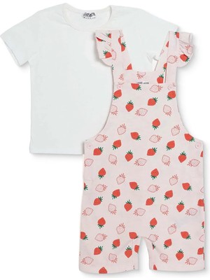 Hellobaby Kız Bebek Şort Salopet-Tshirt Çilek Baskılı Düğmeli Bisiklet Yaka Short Sleeve Reçme