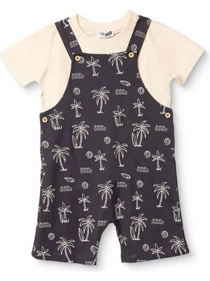 Hellobaby Erkek Bebek Şort Salopet-Tshirt Palmiye Baskılı Düğmeli Bisiklet Yaka Kısa Kol Duble